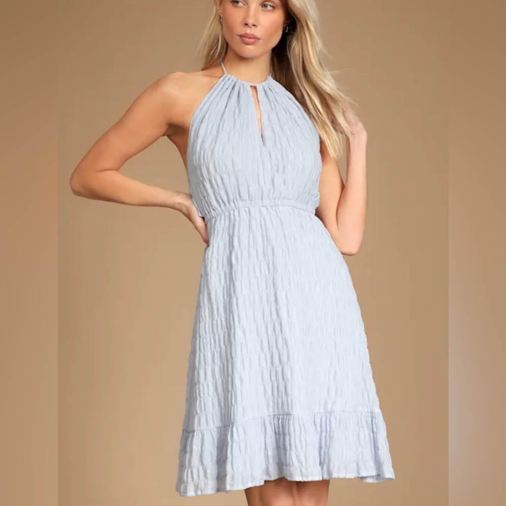 Blue Tie-Back Halter Mini Dress